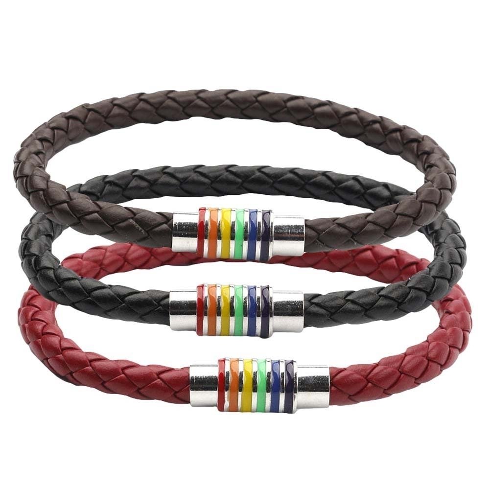 Fashion Unisex Braided Leather Rope Rainbow Magnetic Buckle Bracelet Jewelry Image 12