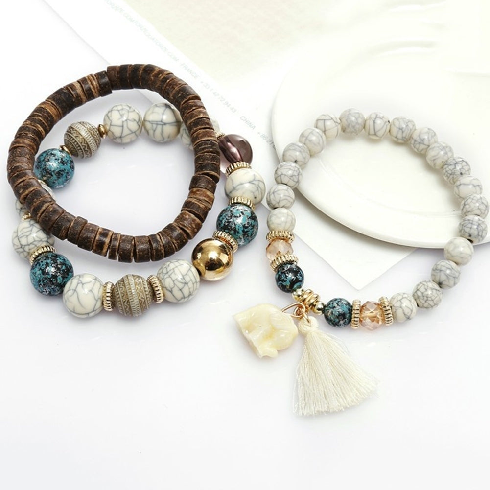 Boho Women Faux Turquoise Beaded Elephant Tassel Charm Multilayer Bracelet Gift Image 12