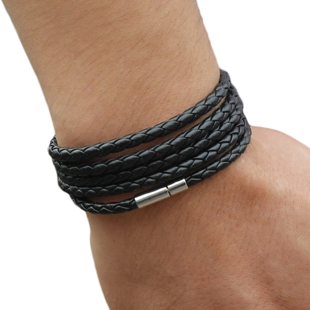 Unisex Multilayer Interlaced Faux Leather Cuff Bangle Wristband Bracelet Jewelry Image 2