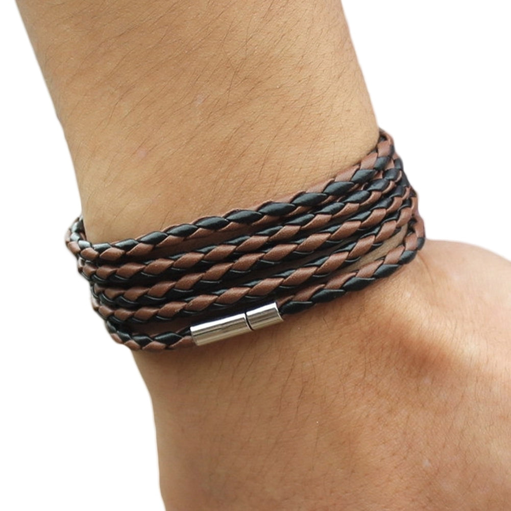 Unisex Multilayer Interlaced Faux Leather Cuff Bangle Wristband Bracelet Jewelry Image 9