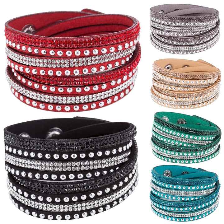 Women Faux Leather Shiny Hot Fix Rhinestone Inlaid DIY Multilayer Bracelet Gift Image 1