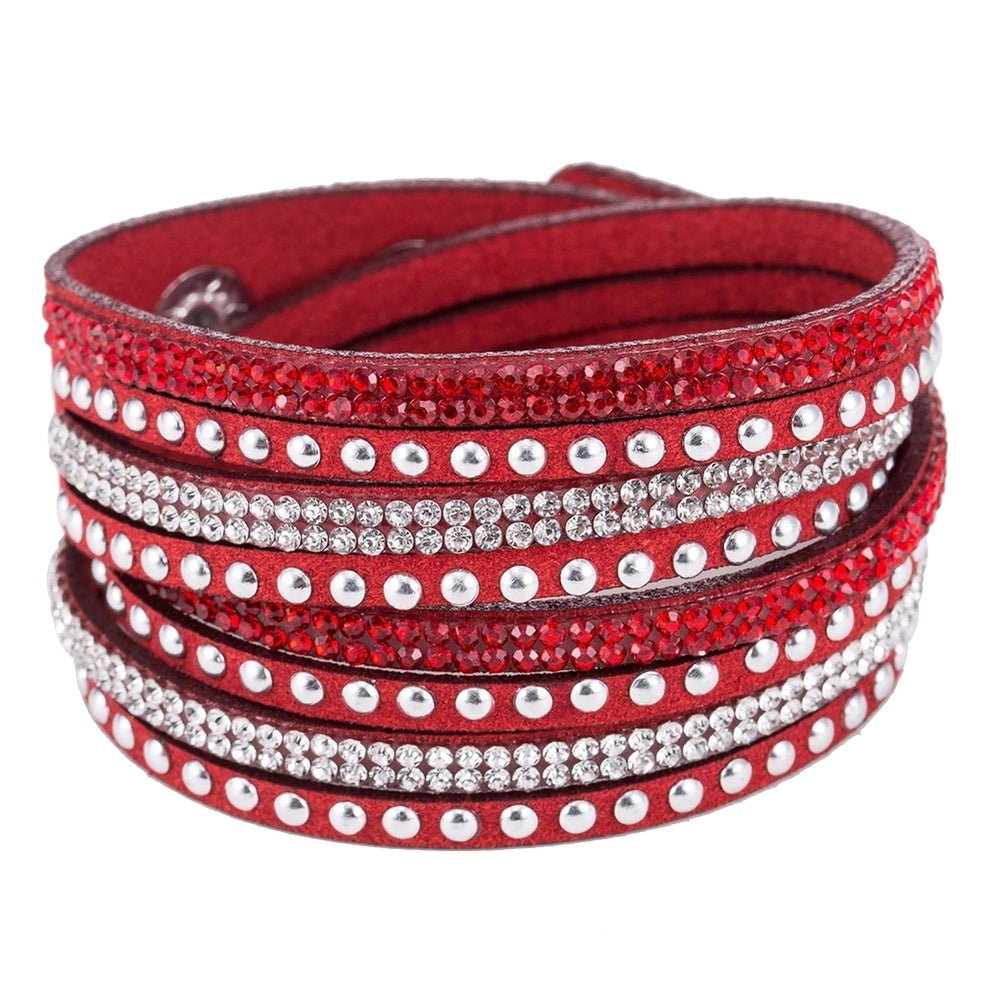 Women Faux Leather Shiny Hot Fix Rhinestone Inlaid DIY Multilayer Bracelet Gift Image 2