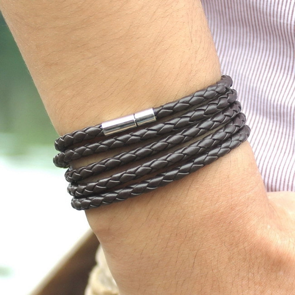 Unisex Multilayer Interlaced Faux Leather Cuff Bangle Wristband Bracelet Jewelry Image 12