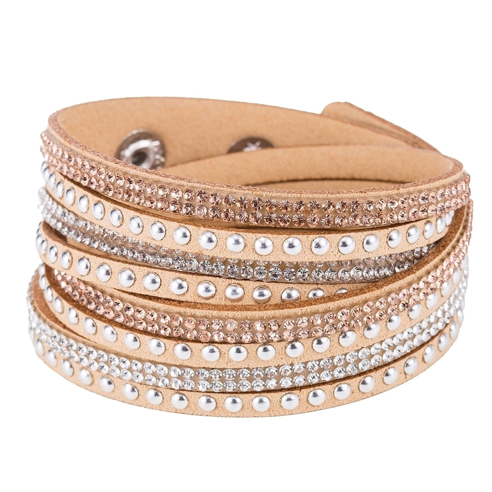 Women Faux Leather Shiny Hot Fix Rhinestone Inlaid DIY Multilayer Bracelet Gift Image 6