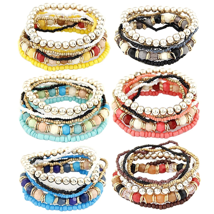 7Pcs Women Boho Bohemian Mix Style Multilayer Elastic Beaded Bracelets for Banquet Party Image 1