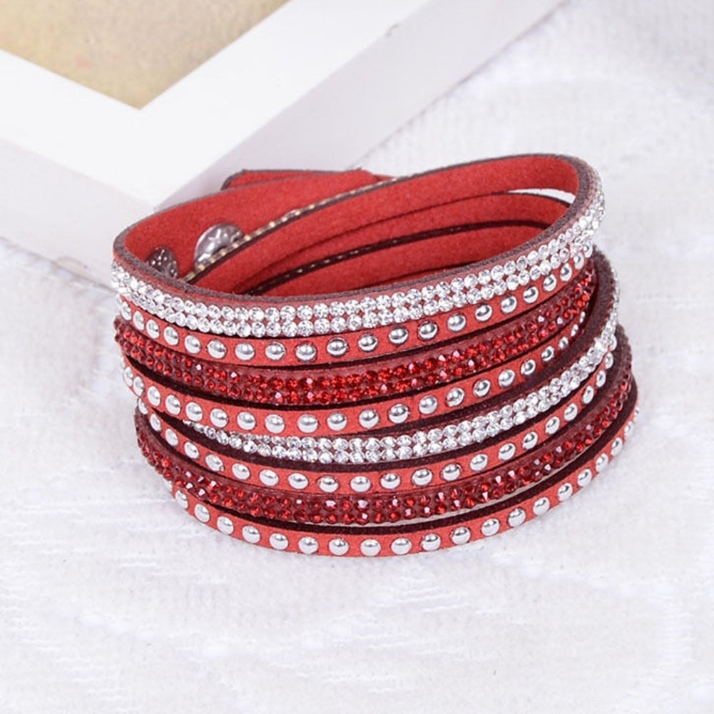 Women Faux Leather Shiny Hot Fix Rhinestone Inlaid DIY Multilayer Bracelet Gift Image 9