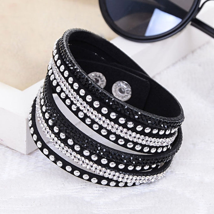 Women Faux Leather Shiny Hot Fix Rhinestone Inlaid DIY Multilayer Bracelet Gift Image 10