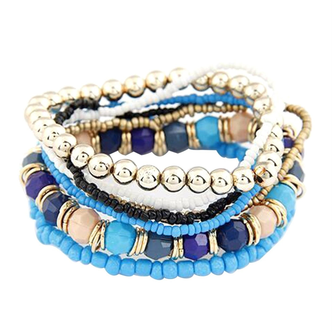 7Pcs Women Boho Bohemian Mix Style Multilayer Elastic Beaded Bracelets for Banquet Party Image 3