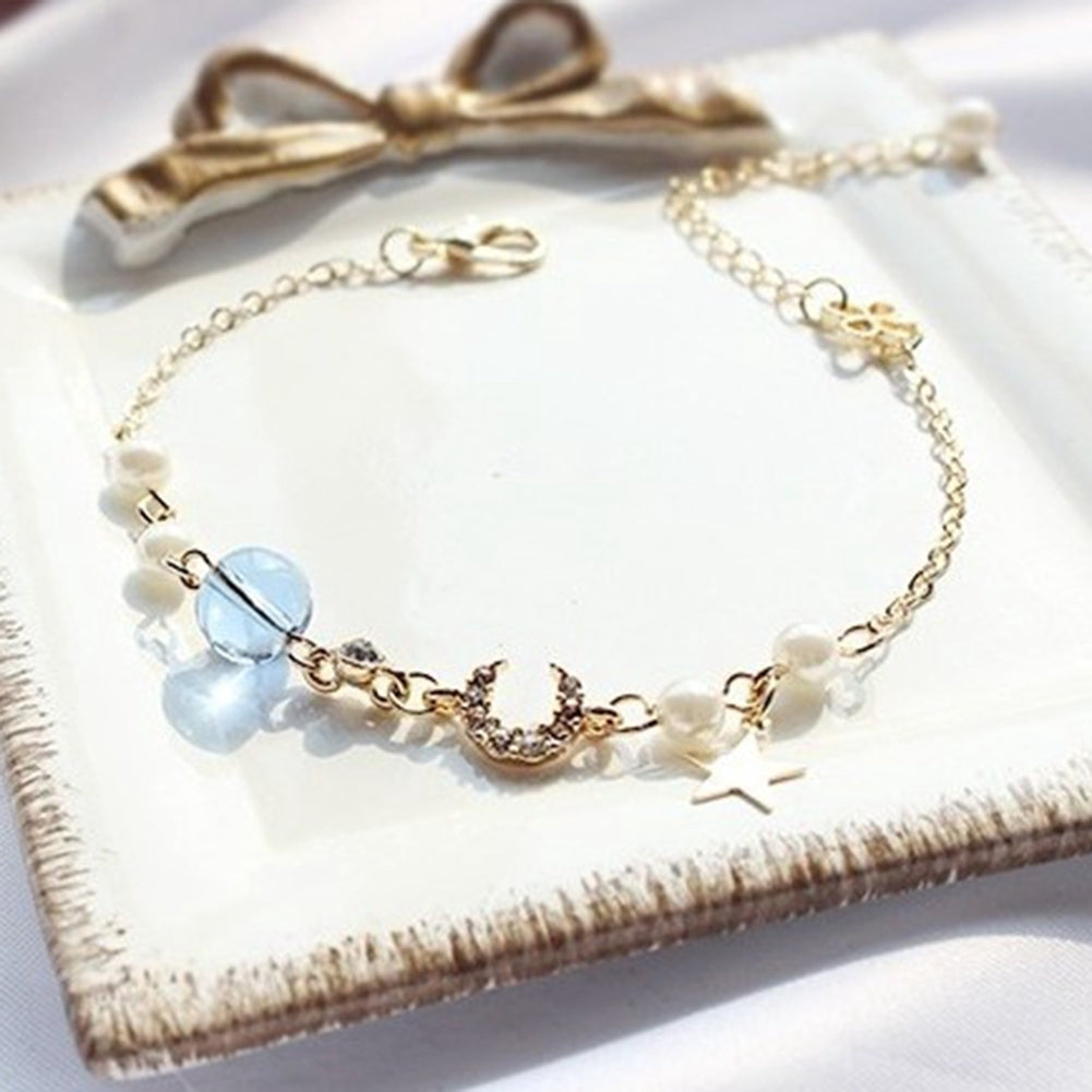 Fashion Moon Star Charm Faux Pearl Beads Bracelet Women Bangle Jewelry Gift Image 9