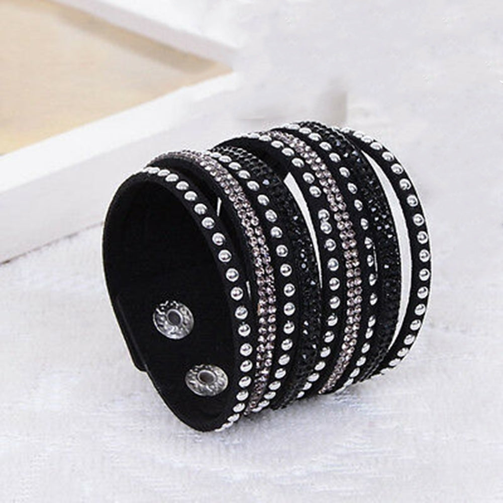 Women Faux Leather Shiny Hot Fix Rhinestone Inlaid DIY Multilayer Bracelet Gift Image 11