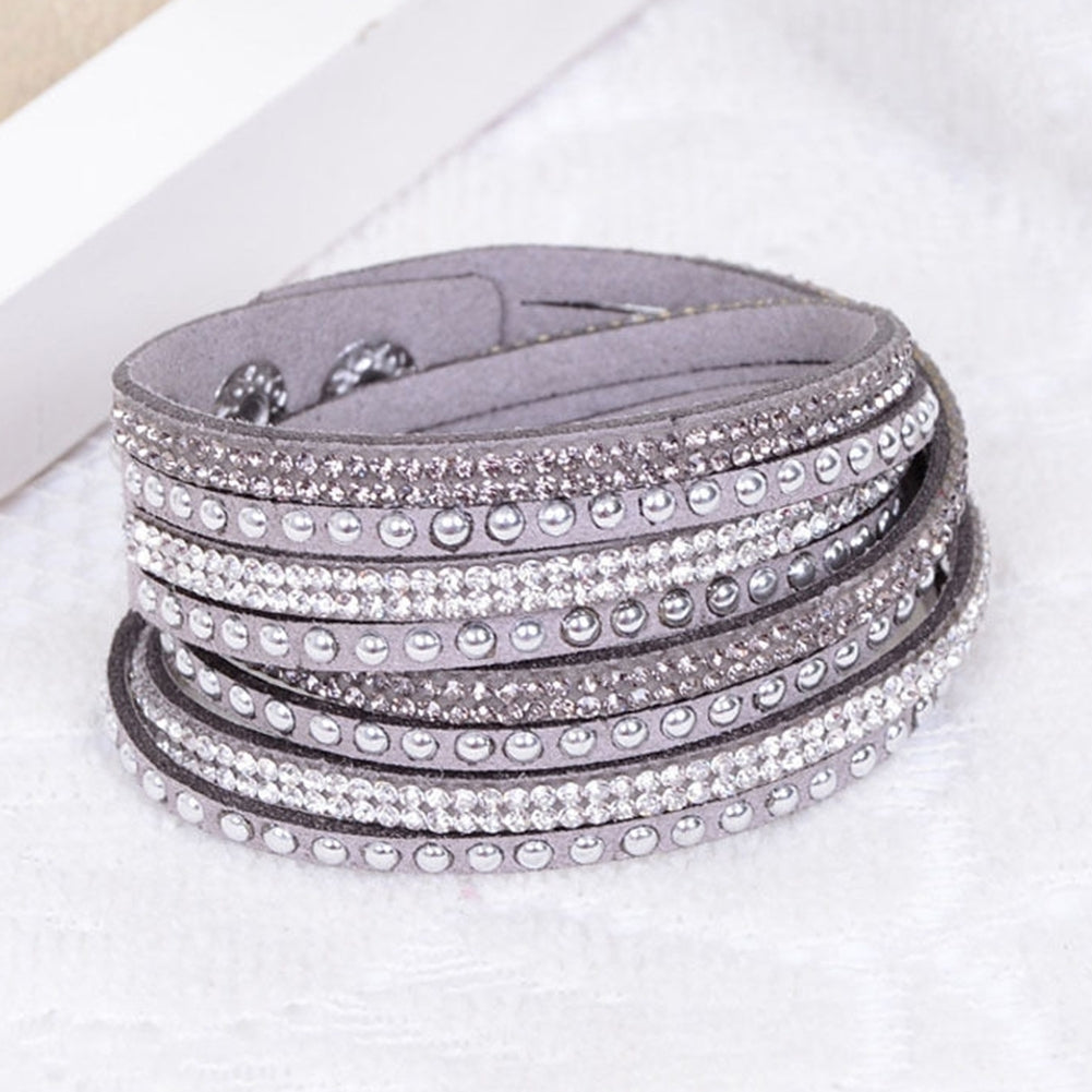 Women Faux Leather Shiny Hot Fix Rhinestone Inlaid DIY Multilayer Bracelet Gift Image 12