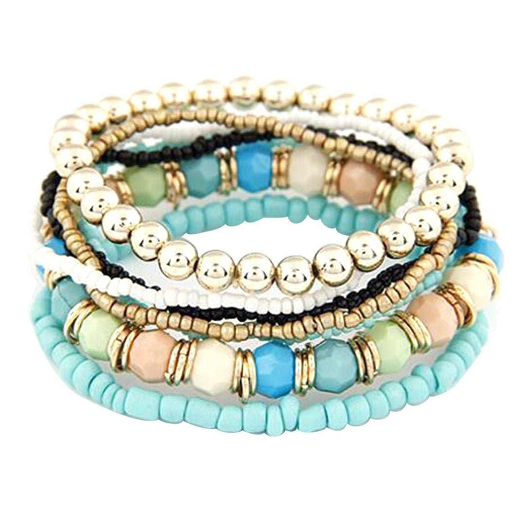 7Pcs Women Boho Bohemian Mix Style Multilayer Elastic Beaded Bracelets for Banquet Party Image 4