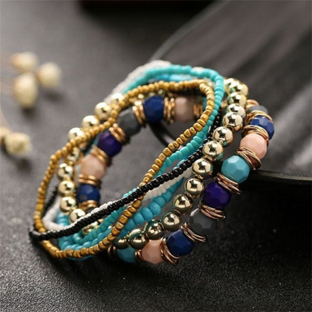 7Pcs Women Boho Bohemian Mix Style Multilayer Elastic Beaded Bracelets for Banquet Party Image 11