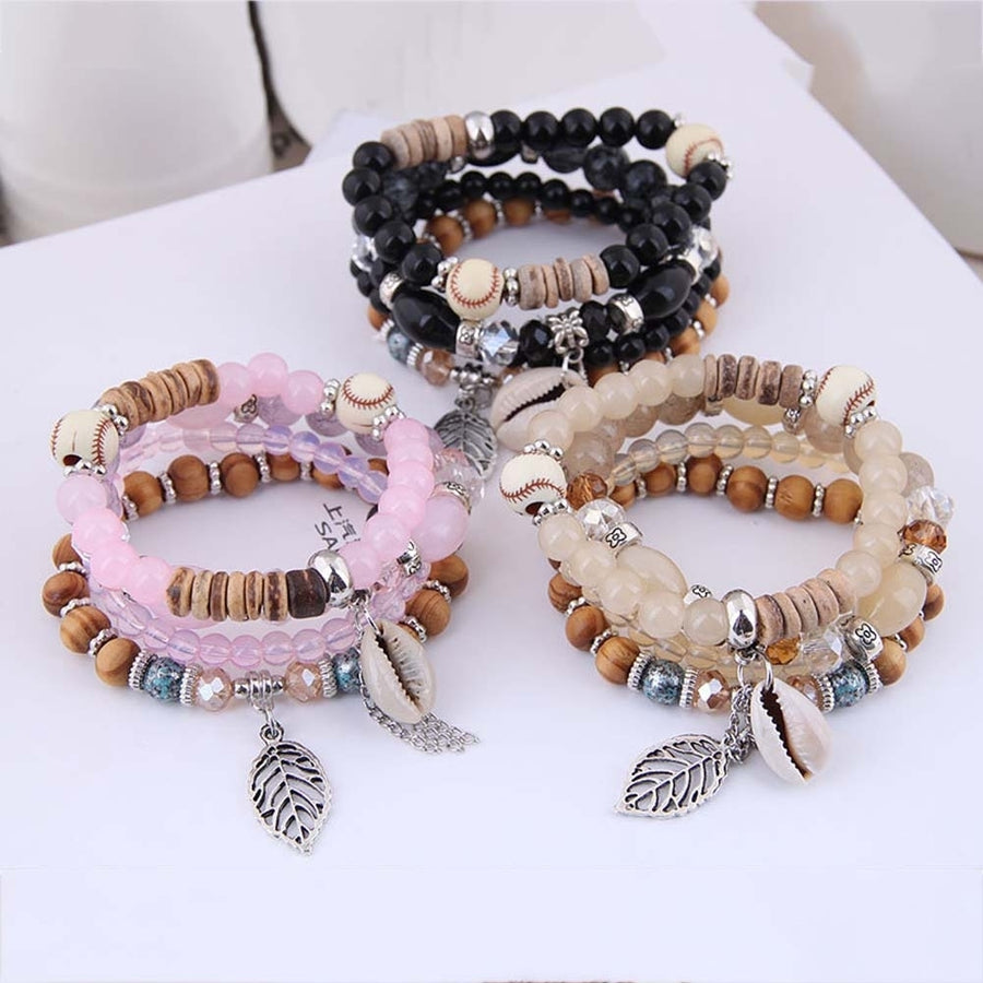 4Pcs Bohemian Women Cowrie Shell Leaf Charm Candy Beaded Elastic Bracelet Image 1