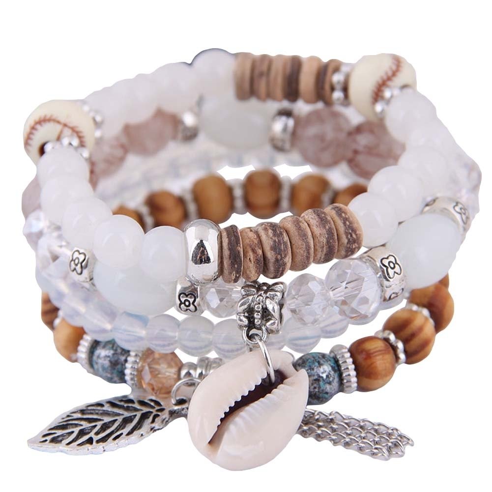 4Pcs Bohemian Women Cowrie Shell Leaf Charm Candy Beaded Elastic Bracelet Image 3