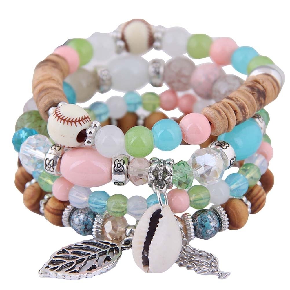 4Pcs Bohemian Women Cowrie Shell Leaf Charm Candy Beaded Elastic Bracelet Image 1