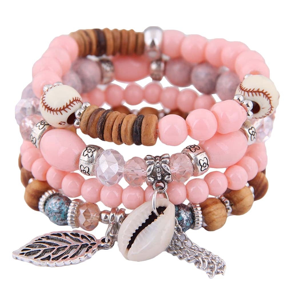 4Pcs Bohemian Women Cowrie Shell Leaf Charm Candy Beaded Elastic Bracelet Image 7