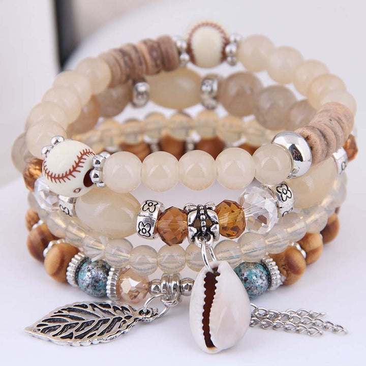 4Pcs Bohemian Women Cowrie Shell Leaf Charm Candy Beaded Elastic Bracelet Image 9