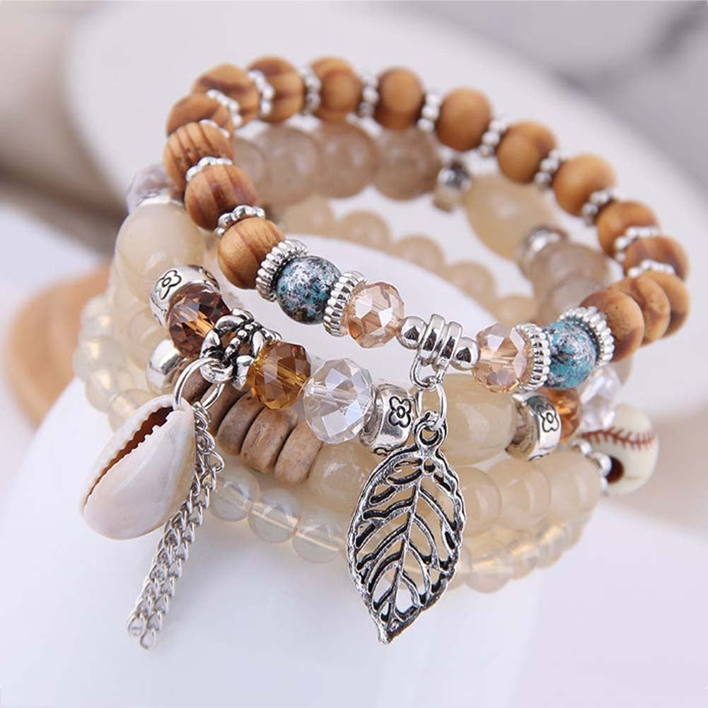 4Pcs Bohemian Women Cowrie Shell Leaf Charm Candy Beaded Elastic Bracelet Image 10