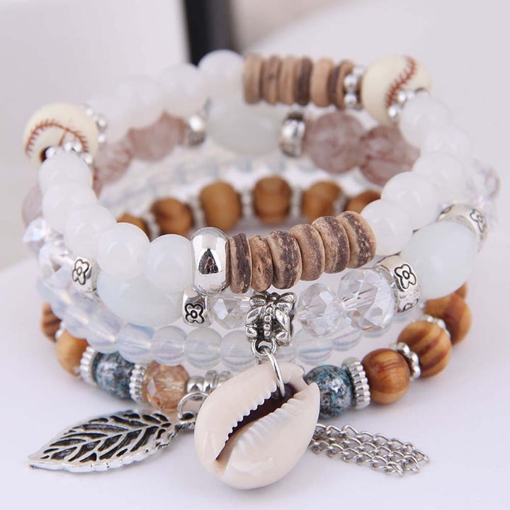 4Pcs Bohemian Women Cowrie Shell Leaf Charm Candy Beaded Elastic Bracelet Image 11