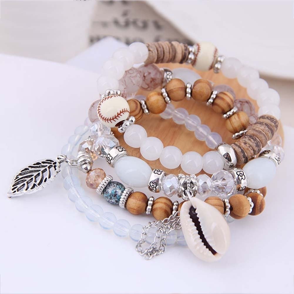 4Pcs Bohemian Women Cowrie Shell Leaf Charm Candy Beaded Elastic Bracelet Image 12