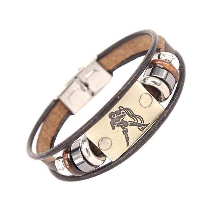 Retro Unisex 12 Constellations Multi Layer Braided Faux Leather Bracelet Jewelry Image 3