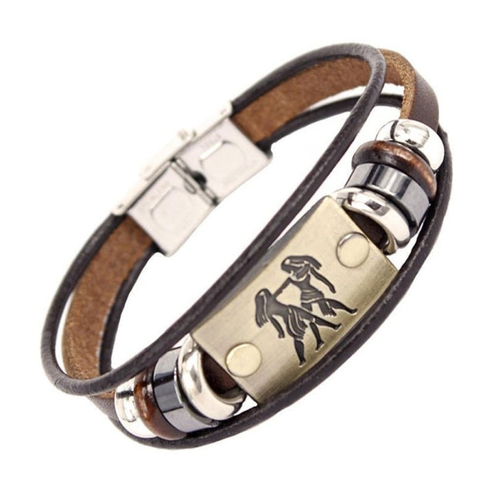 Retro Unisex 12 Constellations Multi Layer Braided Faux Leather Bracelet Jewelry Image 1