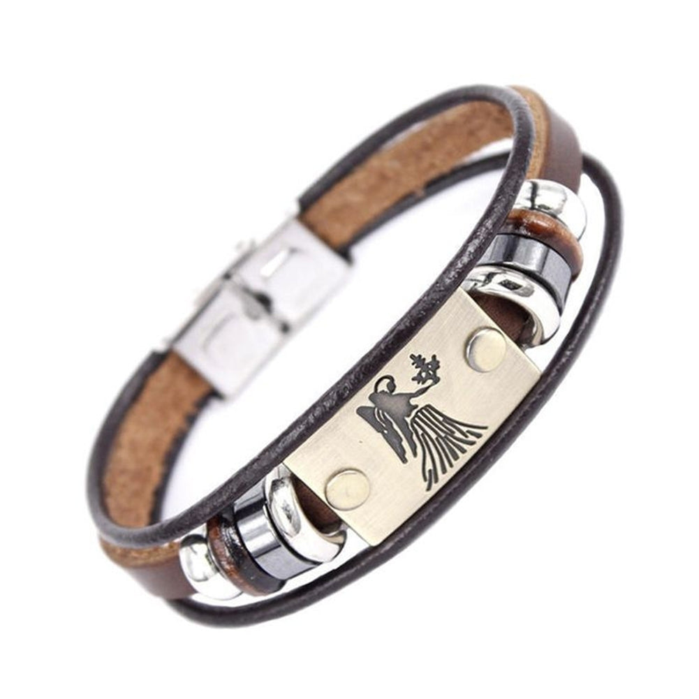 Retro Unisex 12 Constellations Multi Layer Braided Faux Leather Bracelet Jewelry Image 9