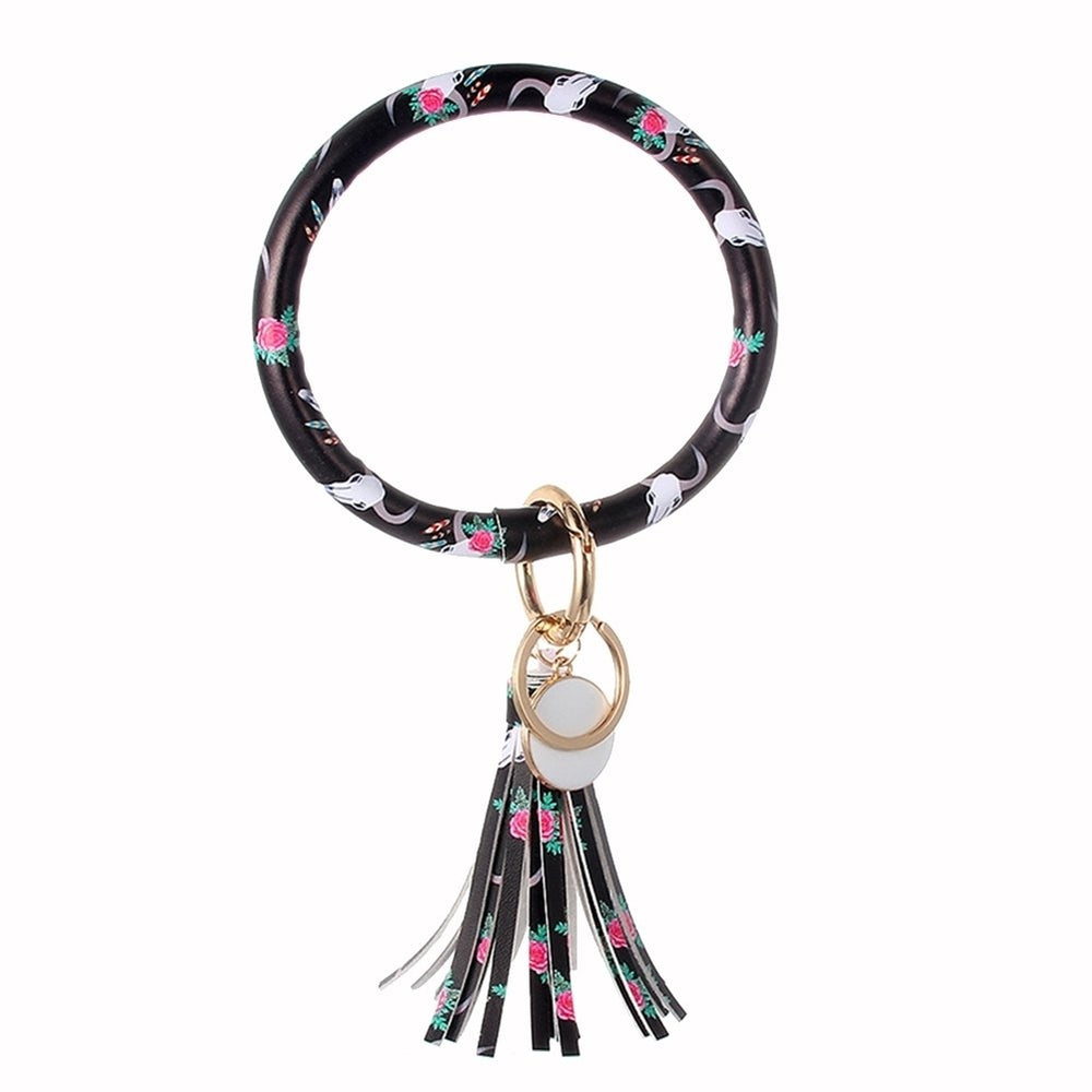 Women Faux Leather O Key Chain Circle Tassel Wristlet Keychain Key Ring Bangle Image 2