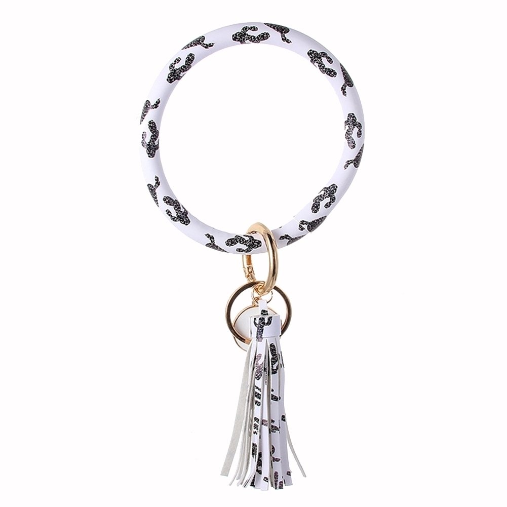 Women Faux Leather O Key Chain Circle Tassel Wristlet Keychain Key Ring Bangle Image 3