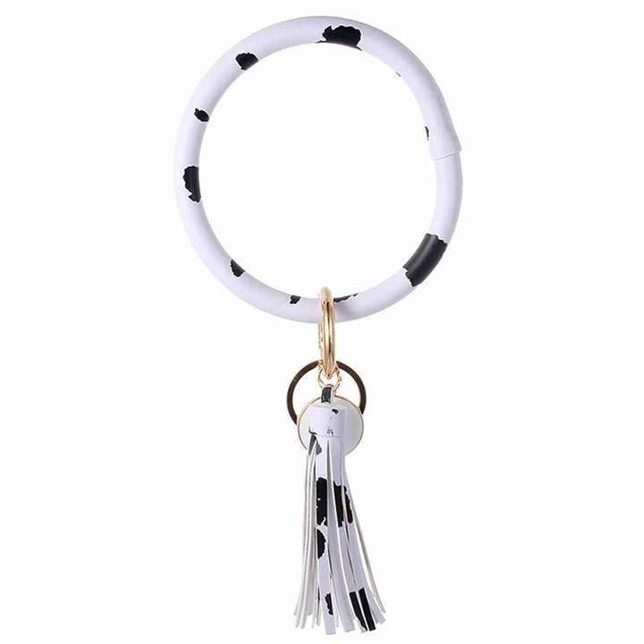 Women Faux Leather O Key Chain Circle Tassel Wristlet Keychain Key Ring Bangle Image 9