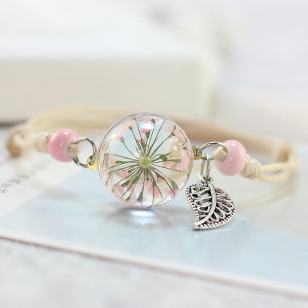 Feather Beads Dried Flower Glaze Round Charm Women Braided Rope Bracelet Gift Image 8