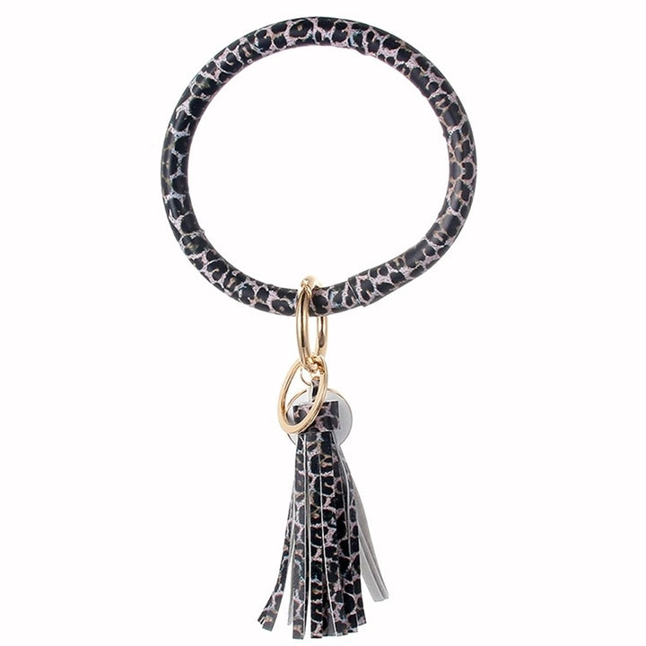 Women Faux Leather O Key Chain Circle Tassel Wristlet Keychain Key Ring Bangle Image 12