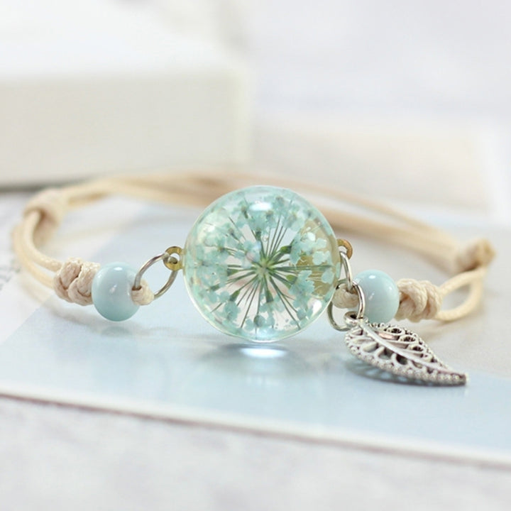 Feather Beads Dried Flower Glaze Round Charm Women Braided Rope Bracelet Gift Image 9