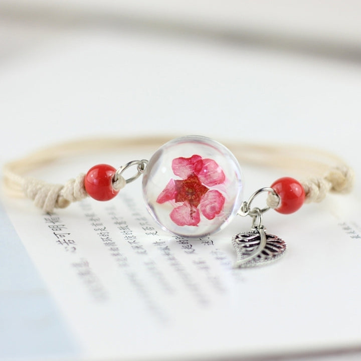 Feather Beads Dried Flower Glaze Round Charm Women Braided Rope Bracelet Gift Image 12