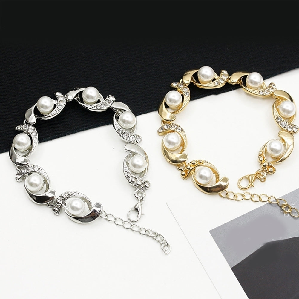 Women Faux Pearl Rhinestone Inlaid Charm Bracelet Bangle Adjustable Jewelry Gift Image 1