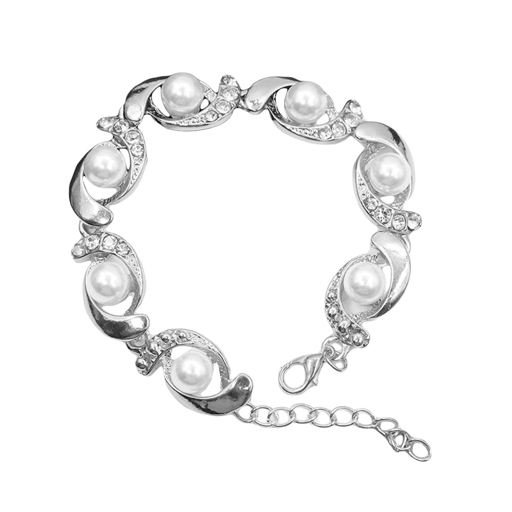 Women Faux Pearl Rhinestone Inlaid Charm Bracelet Bangle Adjustable Jewelry Gift Image 2