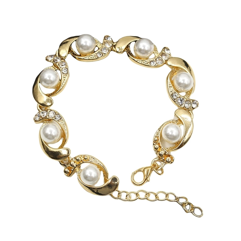 Women Faux Pearl Rhinestone Inlaid Charm Bracelet Bangle Adjustable Jewelry Gift Image 3