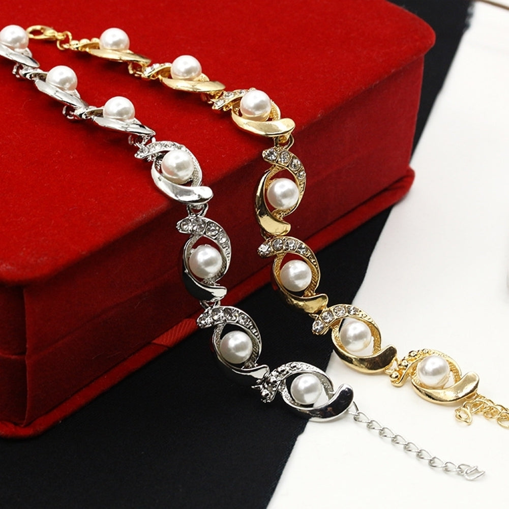 Women Faux Pearl Rhinestone Inlaid Charm Bracelet Bangle Adjustable Jewelry Gift Image 4