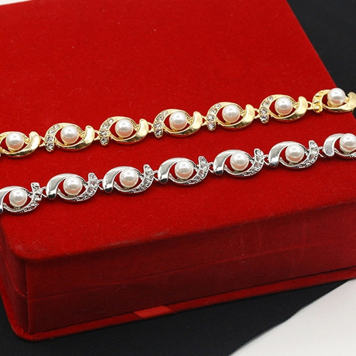 Women Faux Pearl Rhinestone Inlaid Charm Bracelet Bangle Adjustable Jewelry Gift Image 4