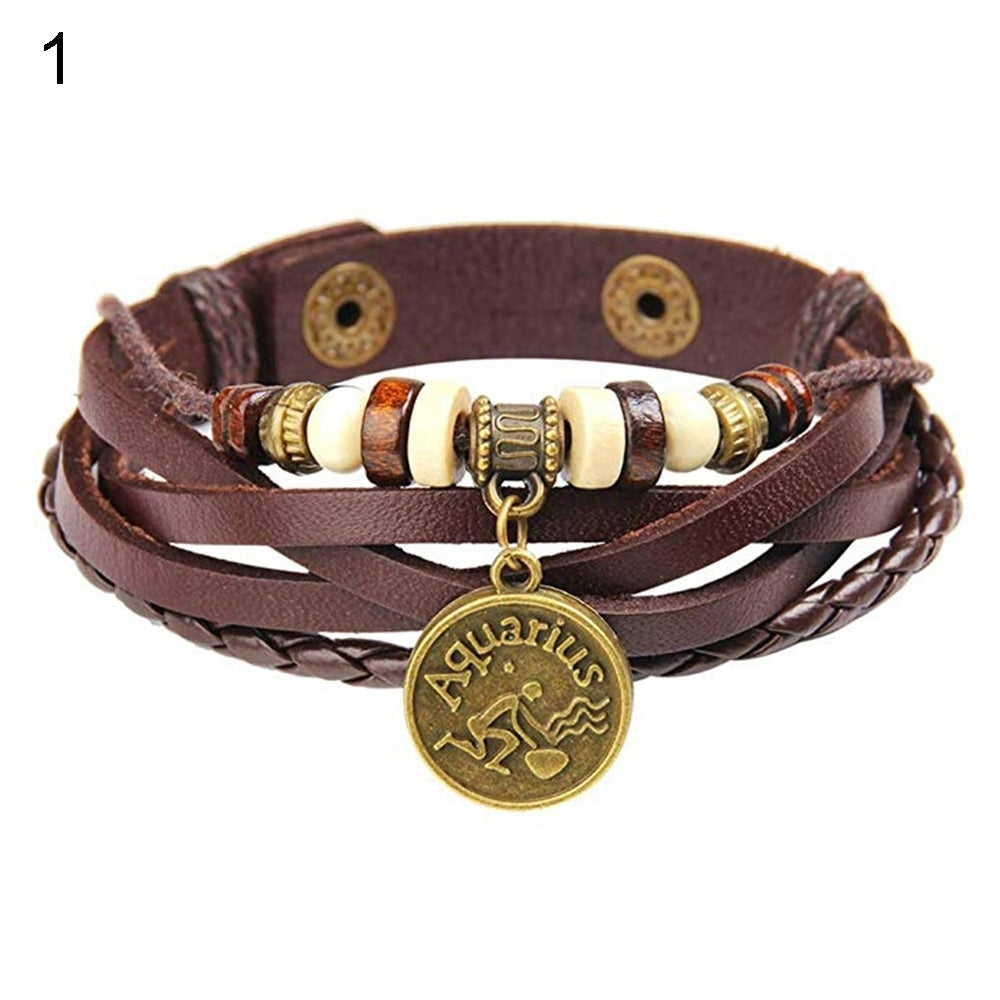 12 Constellations Beads Multi Layer Braided Faux Leather Unisex Bracelet Jewelry Image 2