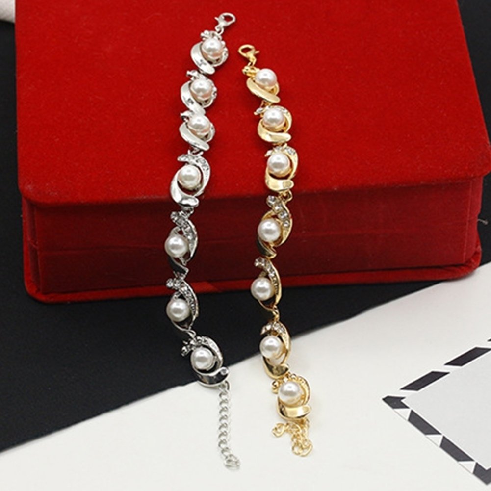 Women Faux Pearl Rhinestone Inlaid Charm Bracelet Bangle Adjustable Jewelry Gift Image 7