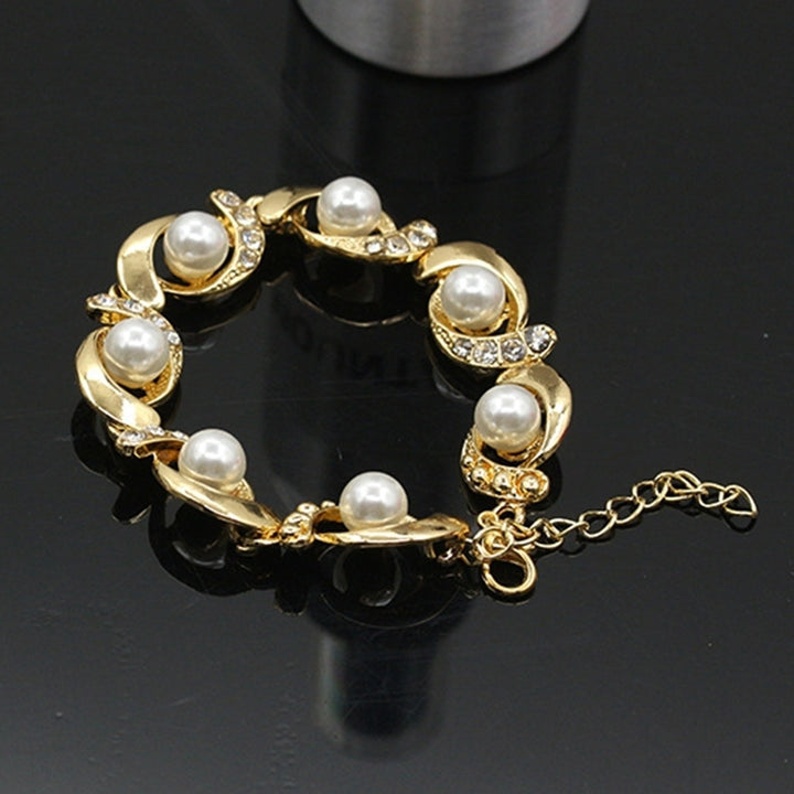 Women Faux Pearl Rhinestone Inlaid Charm Bracelet Bangle Adjustable Jewelry Gift Image 9