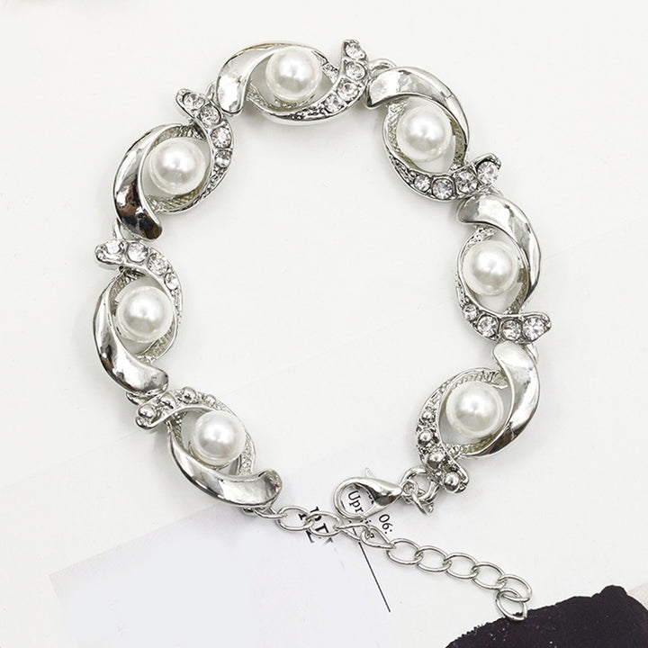 Women Faux Pearl Rhinestone Inlaid Charm Bracelet Bangle Adjustable Jewelry Gift Image 11