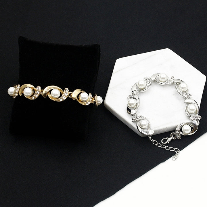 Women Faux Pearl Rhinestone Inlaid Charm Bracelet Bangle Adjustable Jewelry Gift Image 12