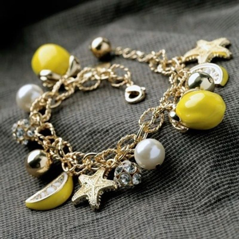 Creative Summer Beach Women Faux Pearl Starfish Lemon Charm Bracelet Bangle Image 2