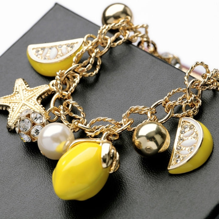 Creative Summer Beach Women Faux Pearl Starfish Lemon Charm Bracelet Bangle Image 3