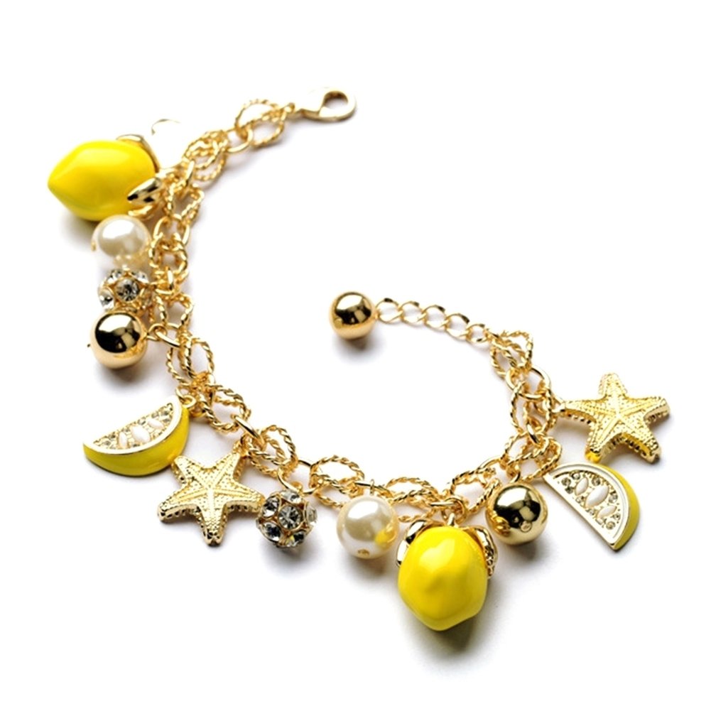 Creative Summer Beach Women Faux Pearl Starfish Lemon Charm Bracelet Bangle Image 11