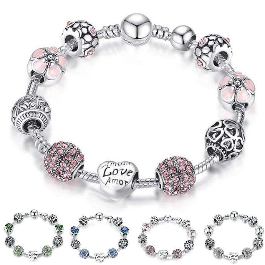 Love Flower Rhinestone Beads Charm Cuff Bangle Bracelet Women Wedding Jewelry Image 1