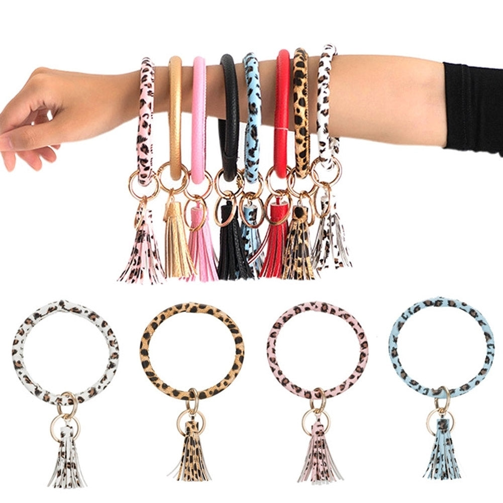 Women Leopard Solid Color Tassel Bracelet Wristlet Keychain Key Ring Holder Image 1